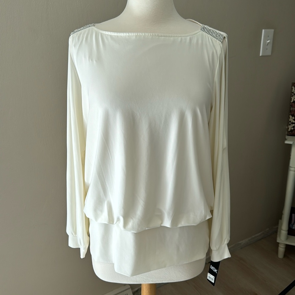 MSK Cream dress top. Large. New. Excellent condition. Embellish shoulders.